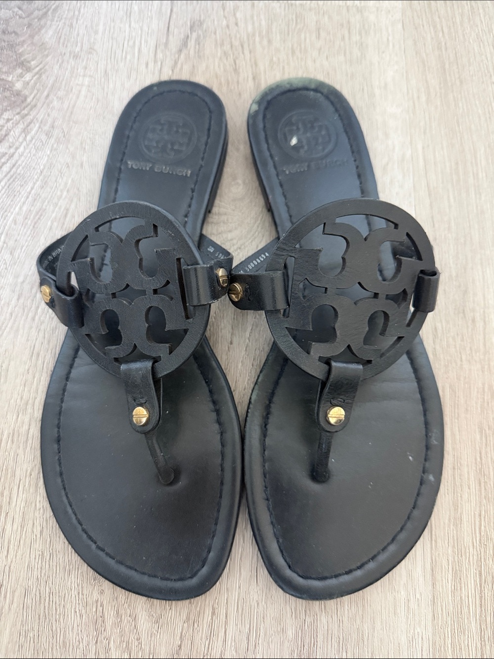 Tory Burch Black Leather Logo Thong Sandals
